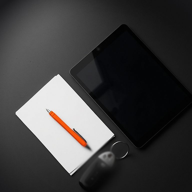 Notizblock, Stift, Tablet und Fahrzeugschlüssel auf dunklem Tisch (Symbolbild)