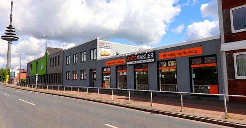Unser Autohaus an der Norderneystraße 7 in Bremen-Walle, im Hintergrund der Fernsehturm