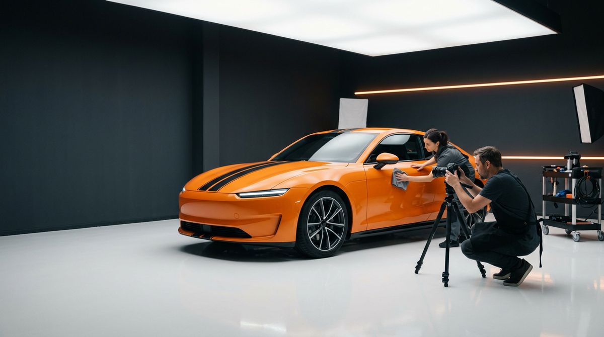 Fahrzeug wird im Autohaus für die Präsentation aufbereitet und fotografiert (Symbolbild)